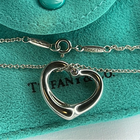 Tiffany & Co. Elsa Peretti Silver Open Heart Diamond Pendant Necklace 18" - Picture 2 of 11